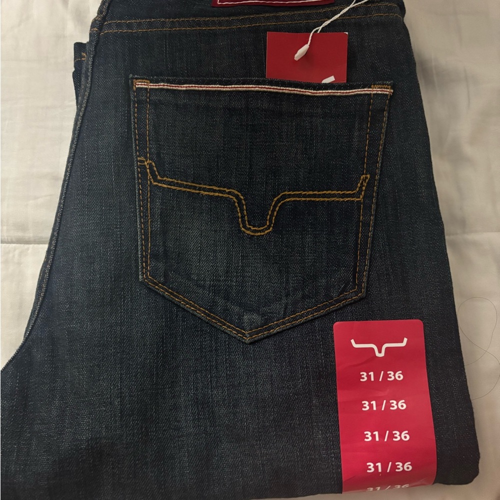 Kimes Ranch Men's Bootcut Jeans in Dark Blue with Red Accents
